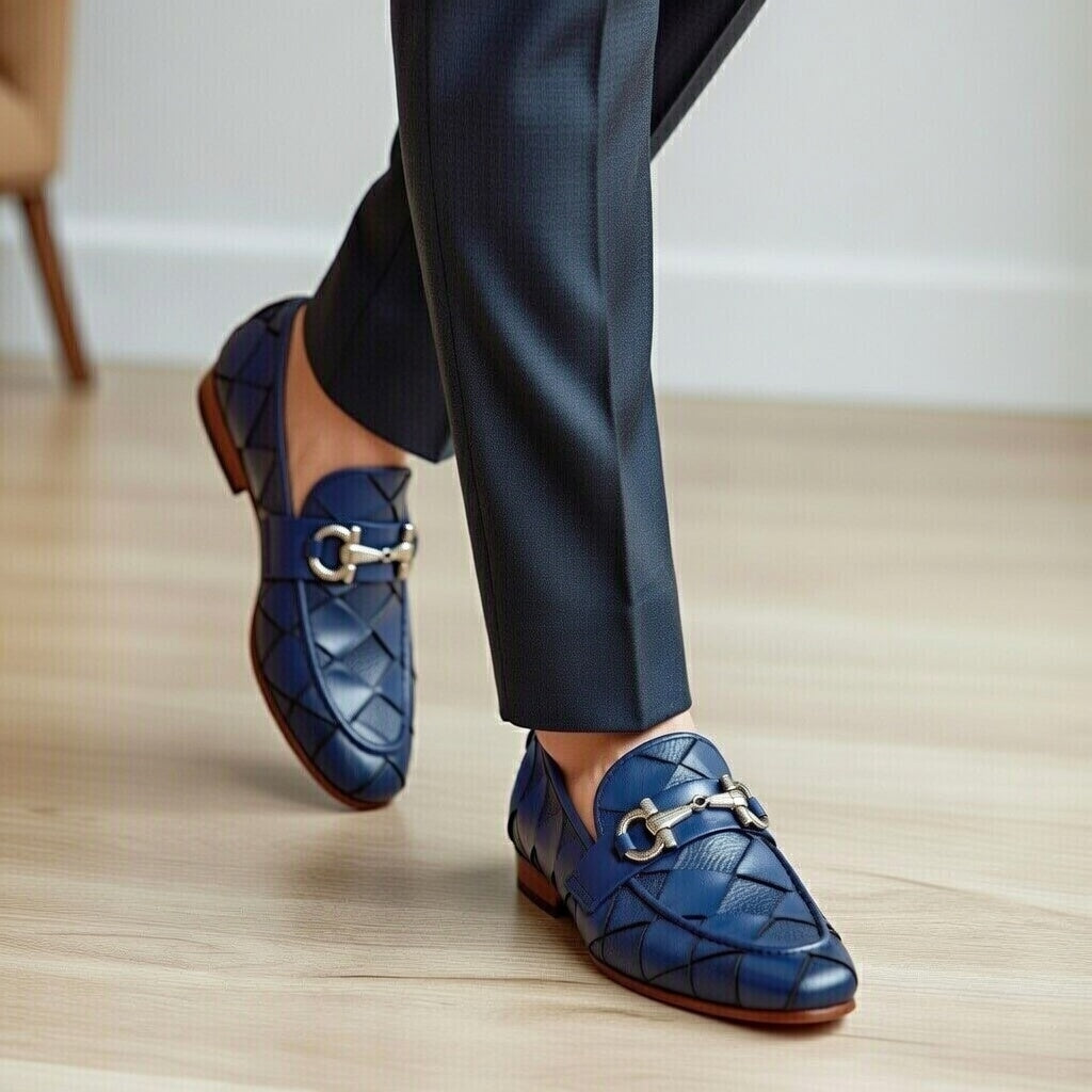 Men’s Navy Blue Woven Leather Loafers – Premium Handmade Slip-On Formal Shoes