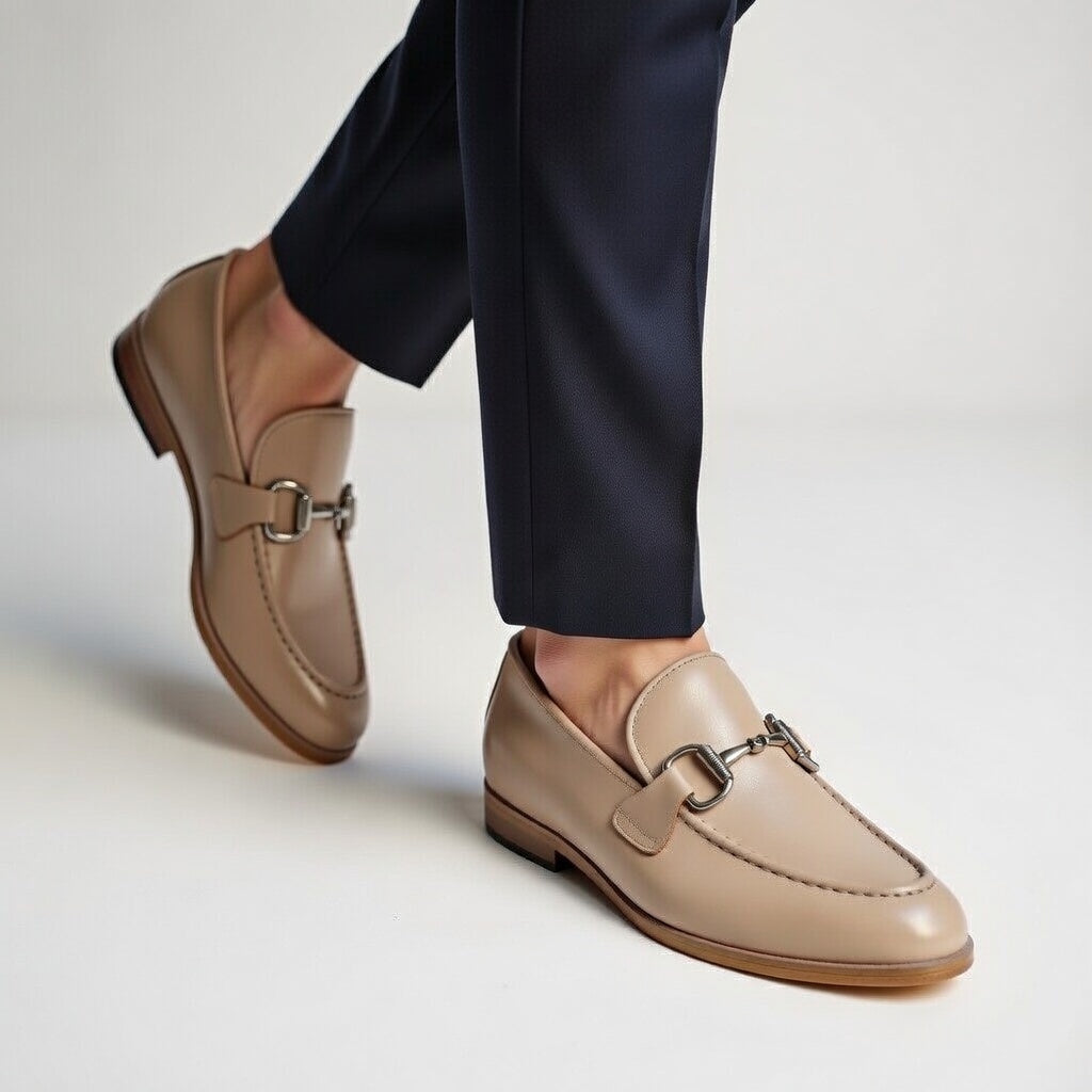 Beige loafers with a metallic buckle worn with navy pants on a light background