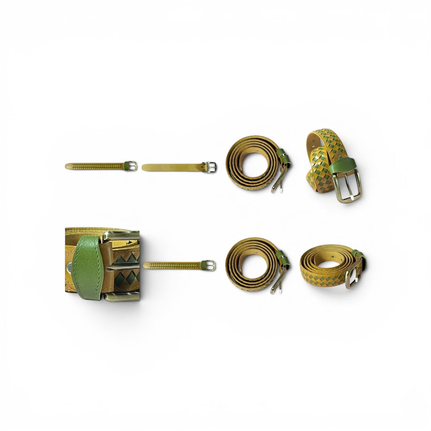 A set of three belts in olive green and yellow tones, displayed flat on a white background. The set includes a wide belt with geometric patterns, a slim woven belt, and a matching adjustable strap with a buckle.