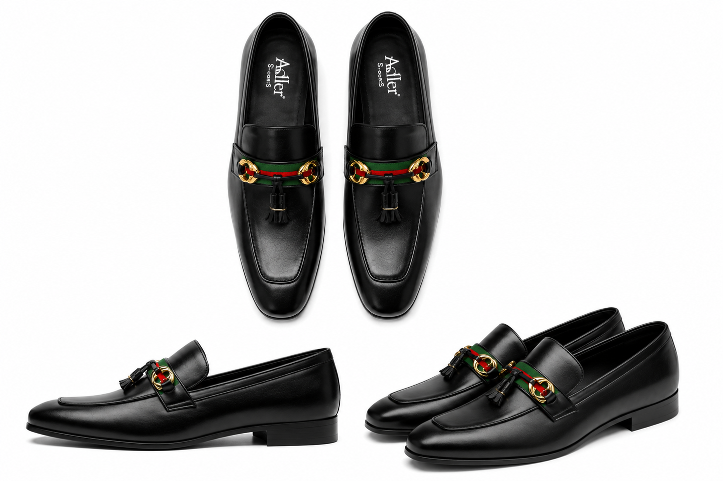 Black Leather Tassel Loafers with Gold Double G Horsebit and Green Red Web Stripe - Mens Side View Pair Without Gold Tassel Rings