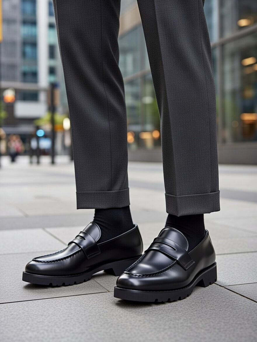 Black loafers worn with gray pants on a city street.