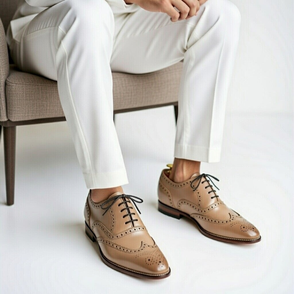 AS - Broky"Men’s Classic Beign Leather Brogue Oxford Shoes