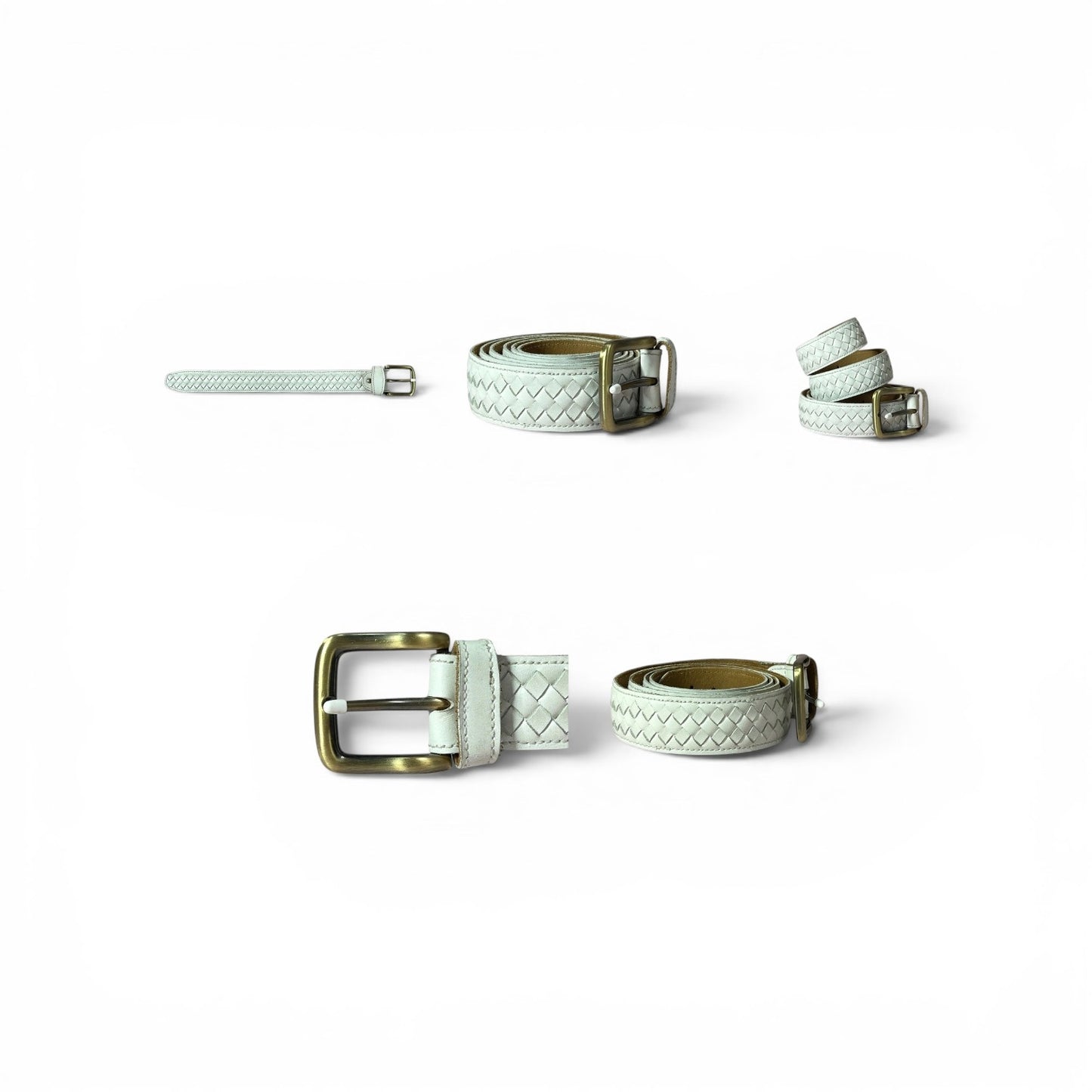 A light mint green woven leather belt shown in multiple views, including a flat strap, a coiled belt, and a close-up of the buckle, on a clean white background.