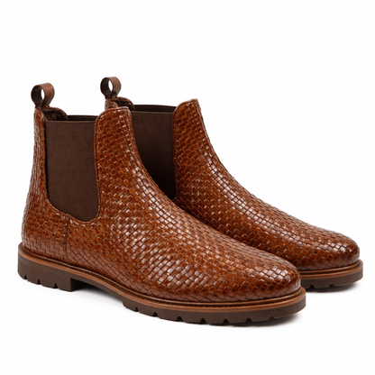 Men’s Brown Woven Leather Chelsea Boots