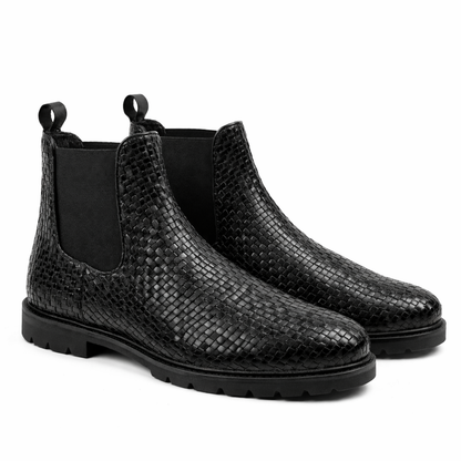 Men’s Black Woven Leather Chelsea Boots