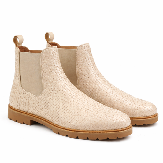 Men’s Beige Woven Leather Chelsea Boots