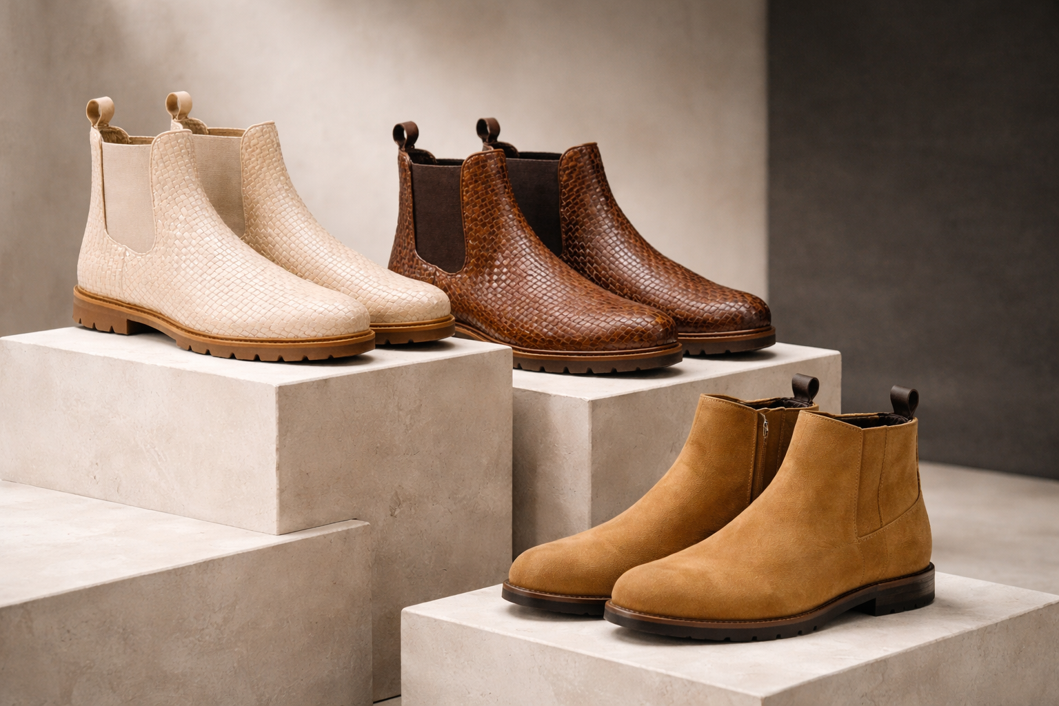 Three pairs of boots displayed on concrete blocks against a neutral background