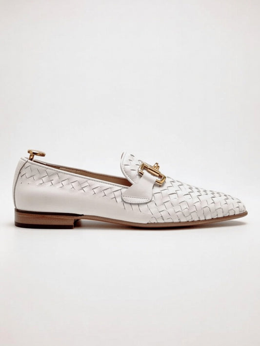 Men’s white woven leather loafers with gold buckle, luxury handcrafted slip-on shoes