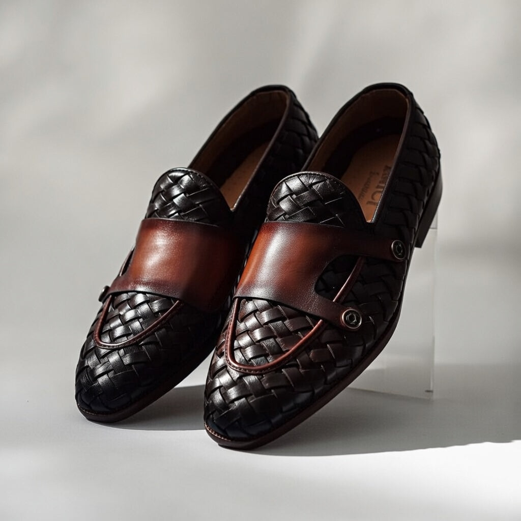 Upgrade your footwear with woven leather loafers for men. Features a sleek brown strap, breathable design, and durable sole.