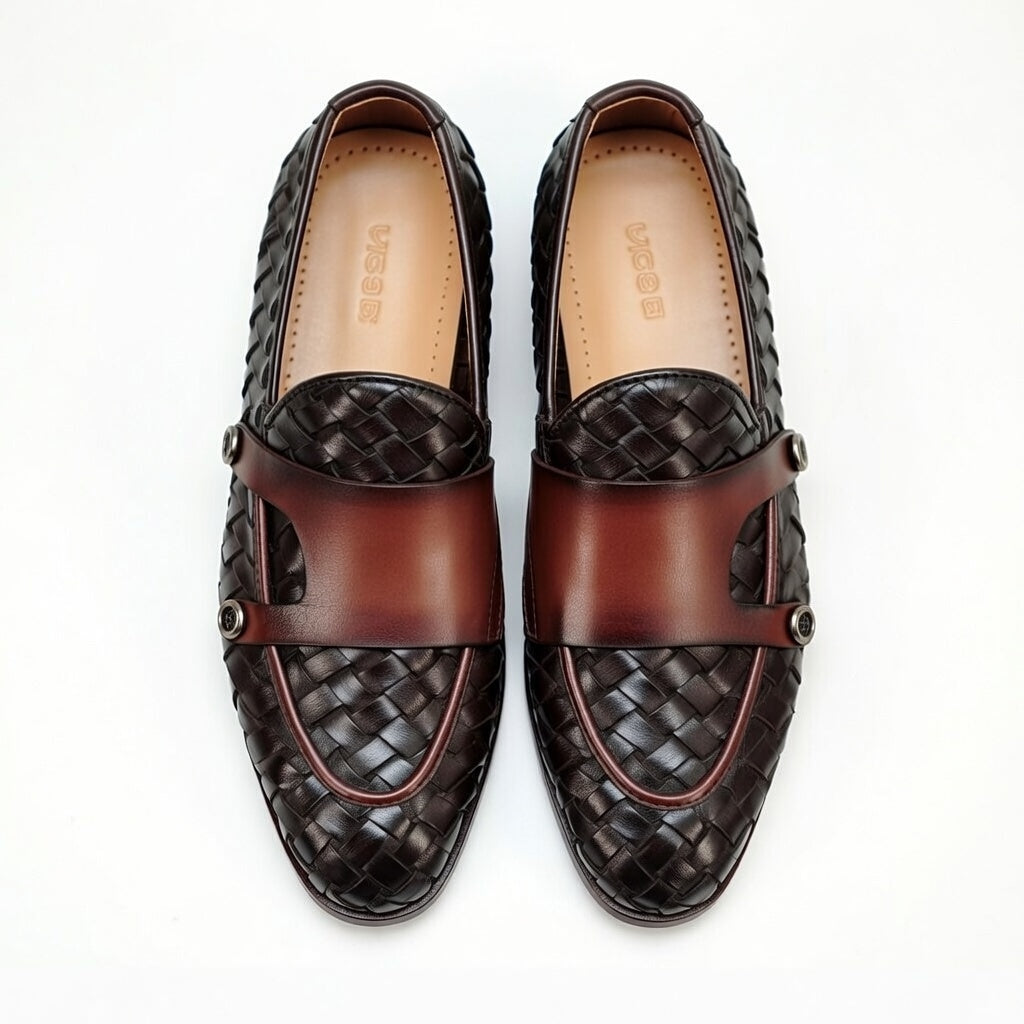 Upgrade your footwear with woven leather loafers for men. Features a sleek brown strap, breathable design, and durable sole.