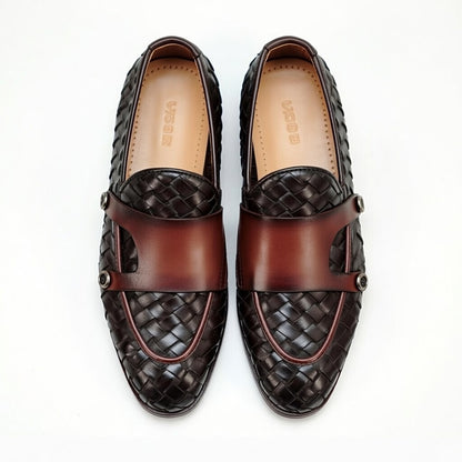 Upgrade your footwear with woven leather loafers for men. Features a sleek brown strap, breathable design, and durable sole.