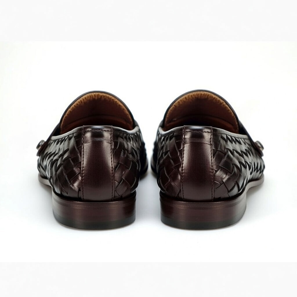 Upgrade your footwear with woven leather loafers for men. Features a sleek brown strap, breathable design, and durable sole.