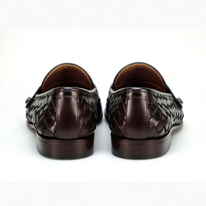 Upgrade your footwear with woven leather loafers for men. Features a sleek brown strap, breathable design, and durable sole.