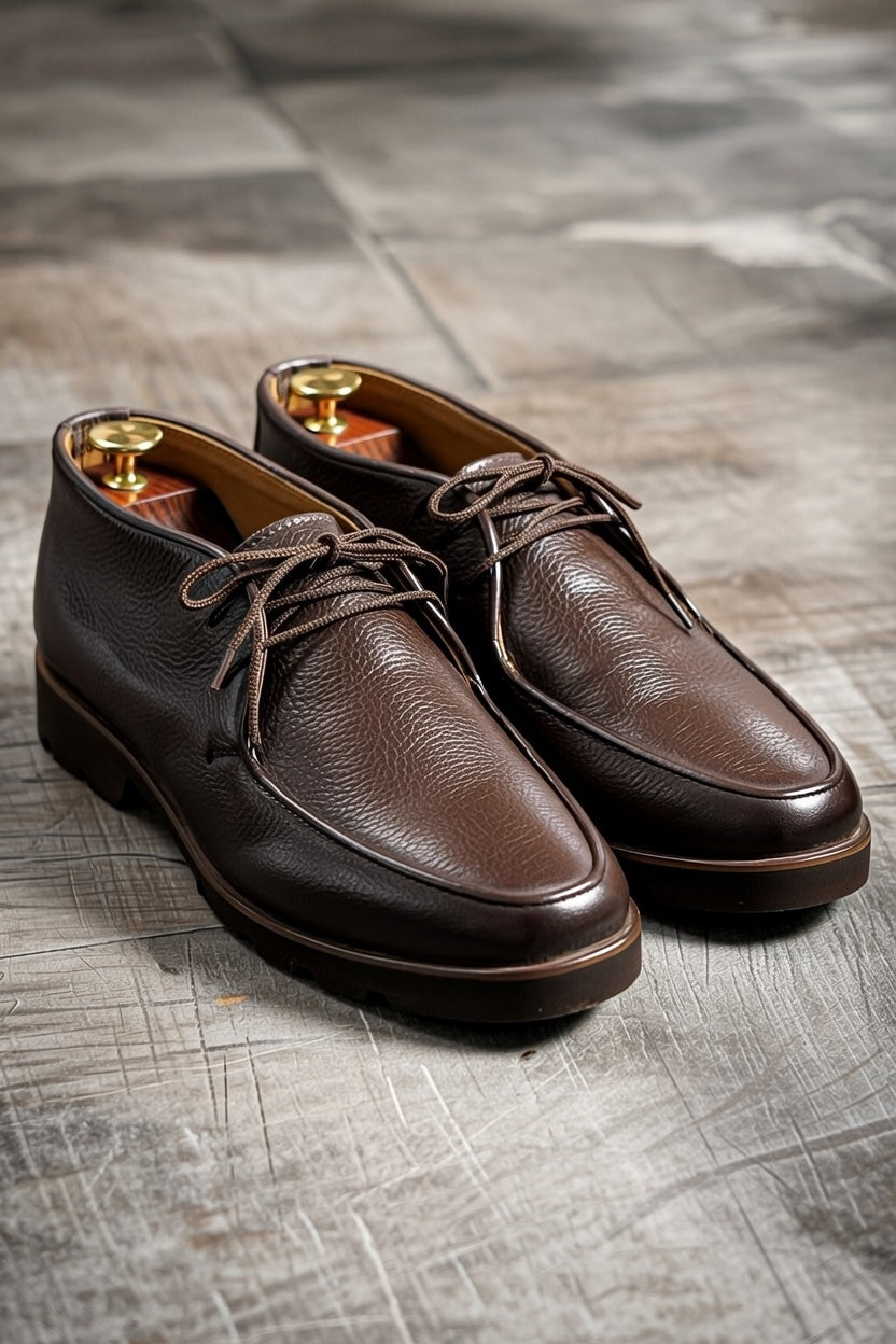 Men’s dark brown leather chukka shoes with lace-up design on white background