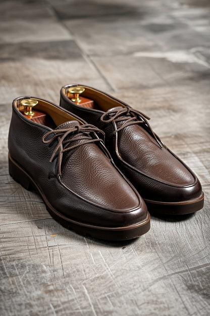 Men’s dark brown leather chukka shoes with lace-up design on white background