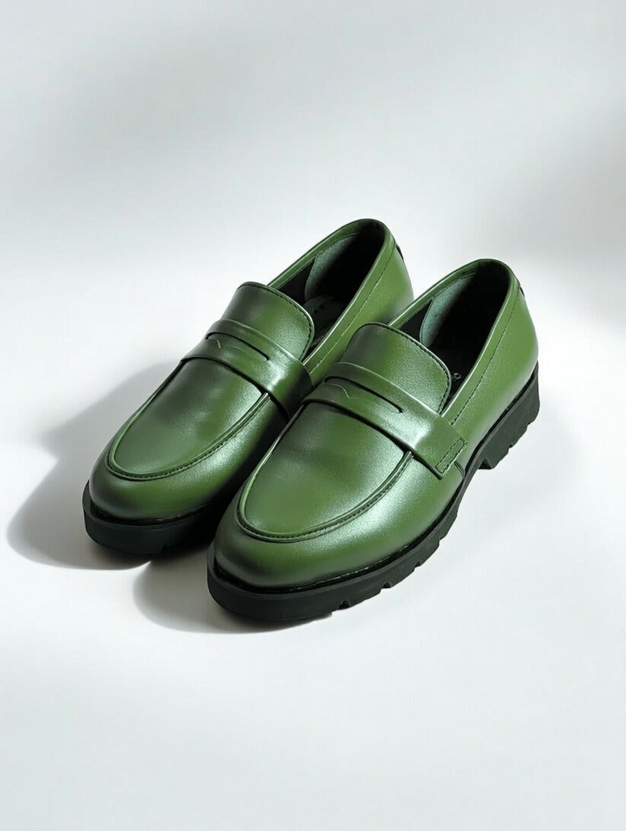 Men’s stylish green leather loafers with premium finish and chunky sole