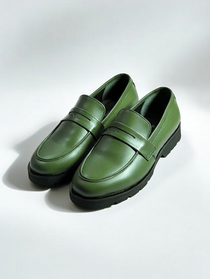 Men’s stylish green leather loafers with premium finish and chunky sole