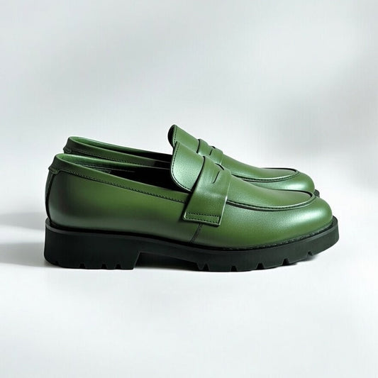 Men’s stylish green leather loafers with premium finish and chunky sole