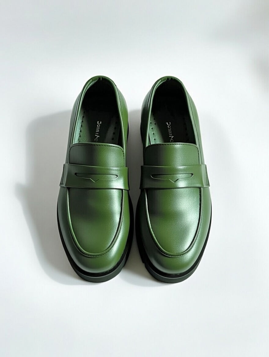 Men’s stylish green leather loafers with premium finish and chunky sole