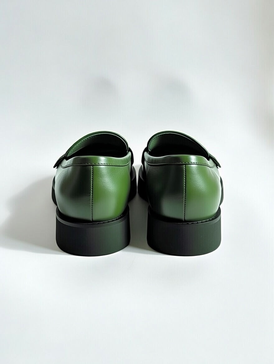 Men’s stylish green leather loafers with premium finish and chunky sole