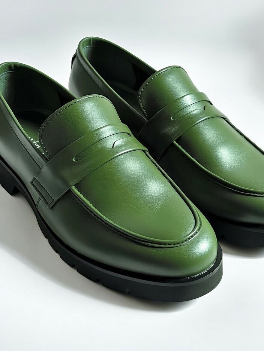 Men’s stylish green leather loafers with premium finish and chunky sole