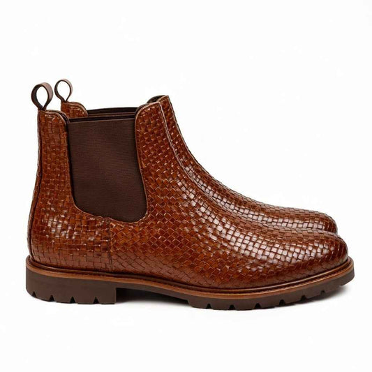 Men’s Brown Woven Leather Chelsea Boots