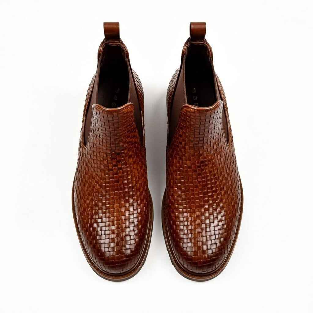 Men’s Brown Woven Leather Chelsea Boots