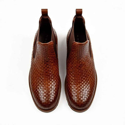 Men’s Brown Woven Leather Chelsea Boots