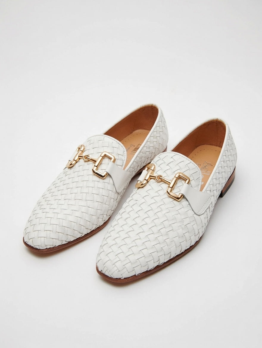 Men’s white woven leather loafers with gold buckle, luxury handcrafted slip-on shoes
