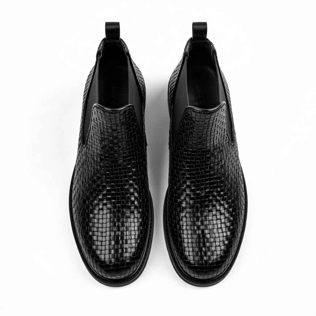 Men’s Black Woven Leather Chelsea Boots
