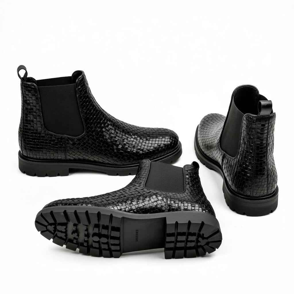 Men’s Black Woven Leather Chelsea Boots