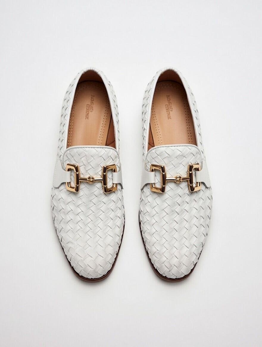 Men’s white woven leather loafers with gold buckle, luxury handcrafted slip-on shoes