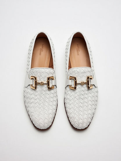 Men’s white woven leather loafers with gold buckle, luxury handcrafted slip-on shoes