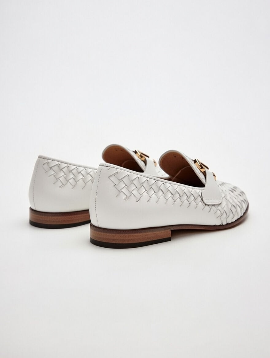 Men’s white woven leather loafers with gold buckle, luxury handcrafted slip-on shoes