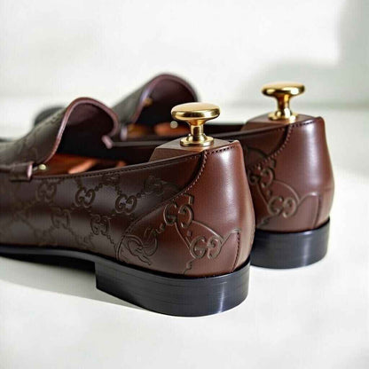AS - TAZ"Premium Brown Men’s Leather Loafers with Laser Engraved Designer Pattern