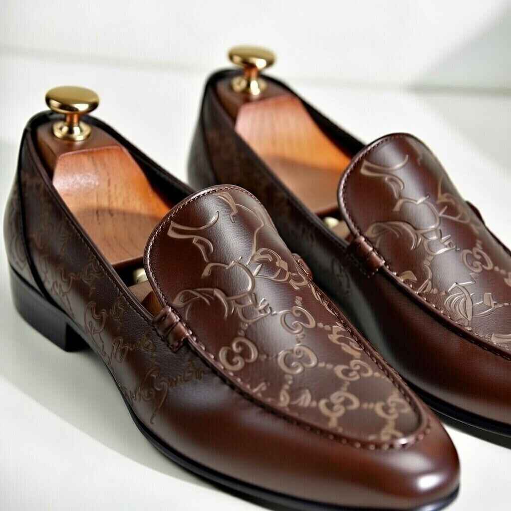 AS - TAZ"Premium Brown Men’s Leather Loafers with Laser Engraved Designer Pattern