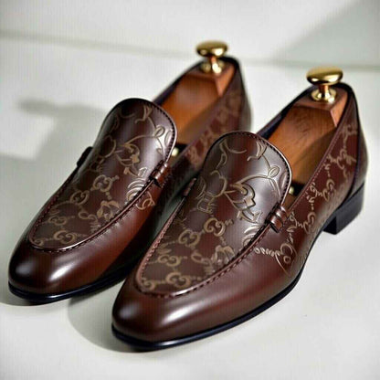 AS - TAZ"Premium Brown Men’s Leather Loafers with Laser Engraved Designer Pattern