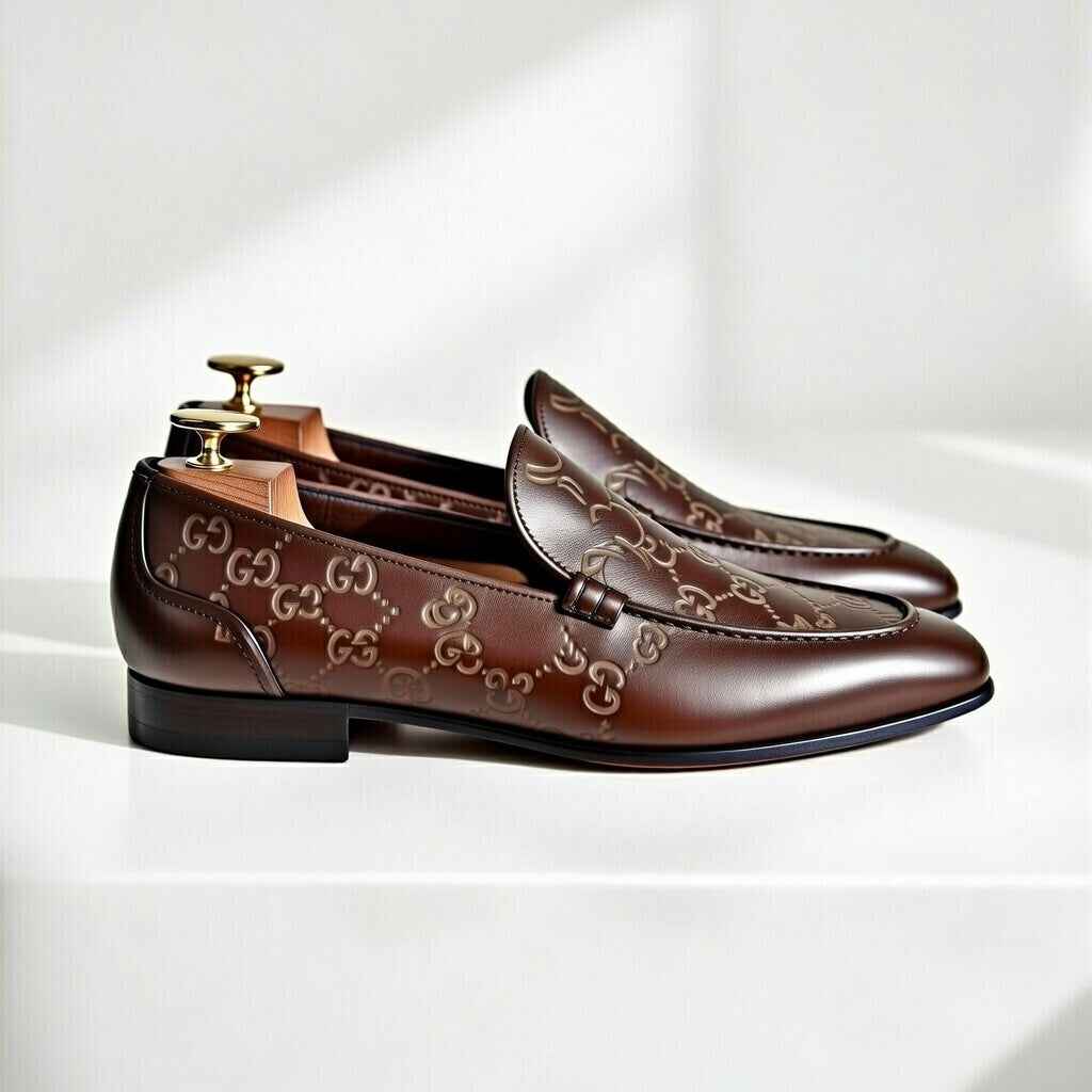 Brown leather loafers with Gucci logo on a white background