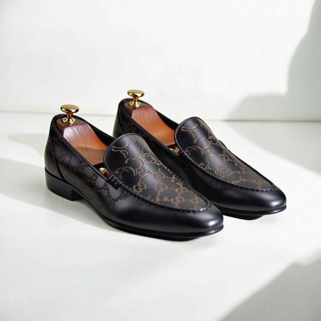 Pair of black loafers with gold accents on a white surface