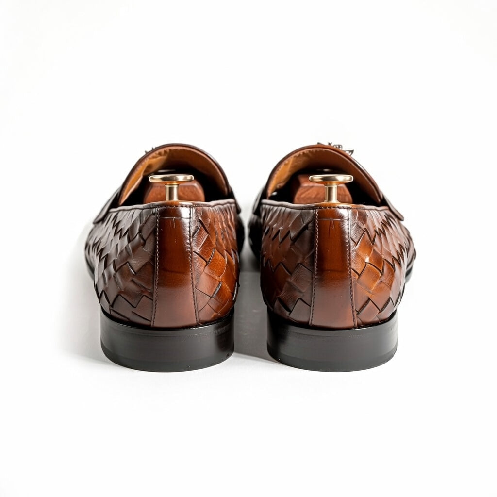 Pair of brown leather loafers on a white background