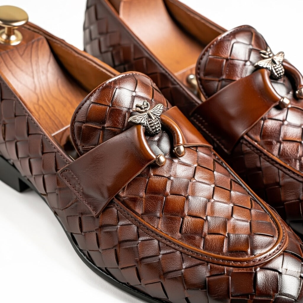 Brown woven leather shoes with decorative elements on a white background