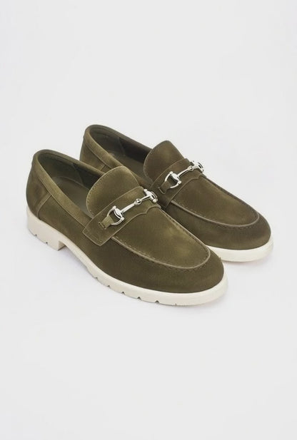 AS - Lokma"Men's Olive Green Suede Horsebit Loafers Chunky Sole Silver Buckle