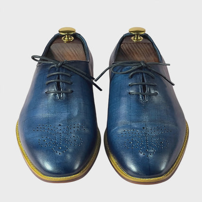 AS - Azure "Men's Hand-Painted Metallic Blue Wholecut Oxford Shoes - Medallion Brogue Toe.