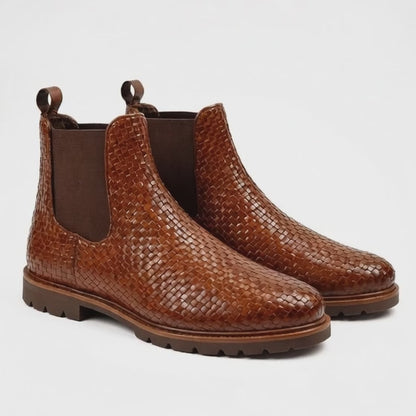 Men’s Brown Woven Leather Chelsea Boots