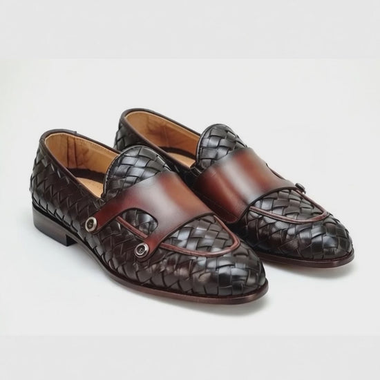 Upgrade your footwear with woven leather loafers for men. Features a sleek brown strap, breathable design, and durable sole.