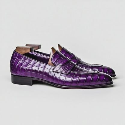 AS - Loaois"Men's Purple Crocodile Leather Penny Loafers