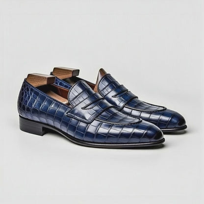 AS - Loaois"Men's Navy Blue Crocodile Penny Loafers