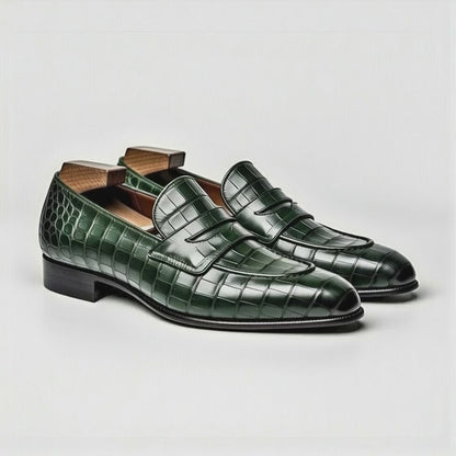 AS - Loaois"Men's Green Crocodile Penny Loafers