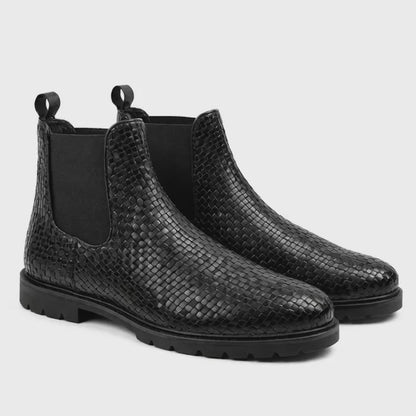 Men’s Black Woven Leather Chelsea Boots