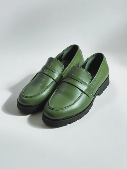 Men’s stylish green leather loafers with premium finish and chunky sole